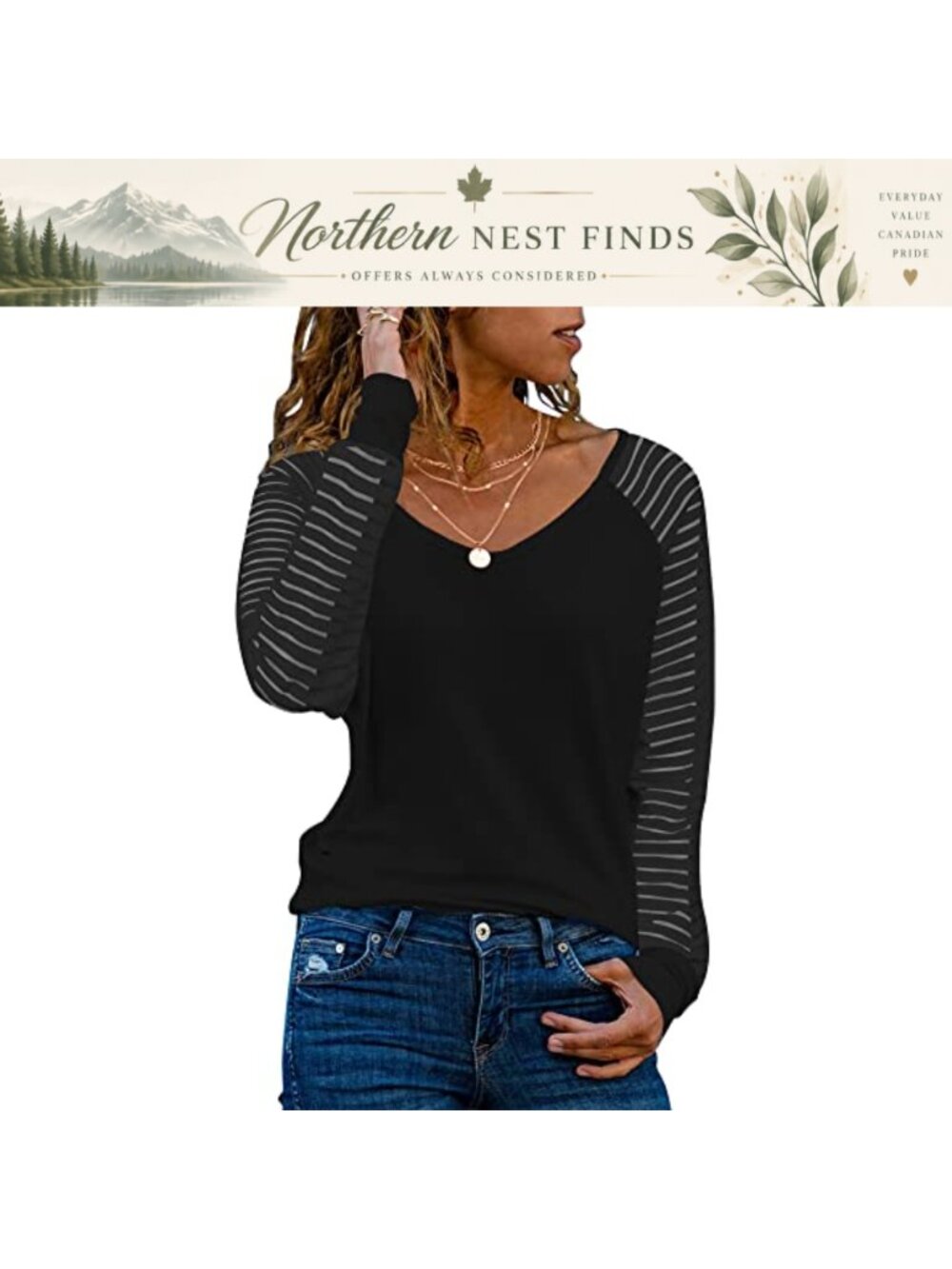 Womens V Neck Long Sleeve Tunic Blouse Striped Sheer Mesh Casual Top